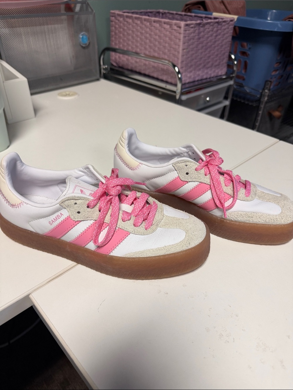 NEVER WORN adidas Pink and White Low-Top Sneakers with Gum Sole